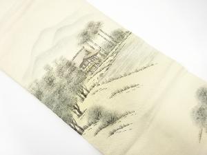 手描き遠山に田舎風景模様名古屋帯